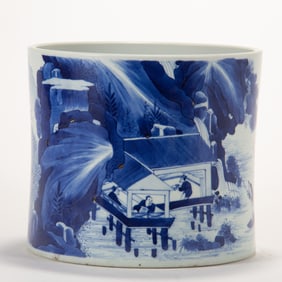 A CHINESE BLUE & WHITE LANDSCAPE MOTIF BRUSH POT