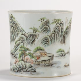 A CHINESE POLYCHROME WATERSIDE LANDSCAPE BRUSH POT