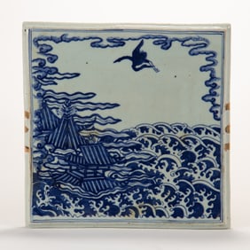 A CHINESE BLUE & WHITE CRANE PORCELAIN PAINTING