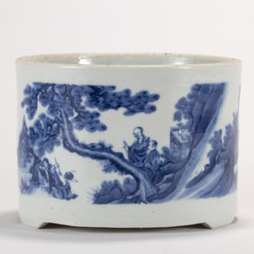A CHINESE BLUE & WHITE LANDSCAPE MOTIF BRUSH POT