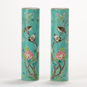 PAIR POLYCHROME QUAIL & PEONY PORCELAIN FLOWER VASES