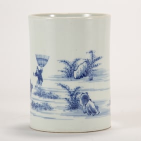 A CHINESE BLUE & WHITE FISHERMAN BRUSH POT