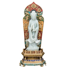 WHITE JADE GUANYIN ON GILT BRONZE AURA THRONE