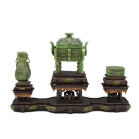SET OF 3 SPINACH GREEN JADE CENSER, URN, AND BOX