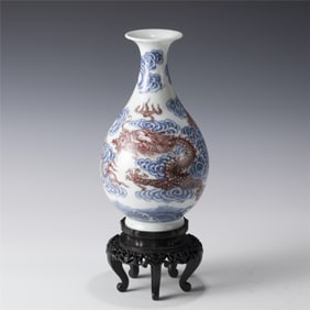 QING BLUE & WHITE UNDERGLAZE RED JADE POT SPRING VASE