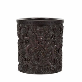 LARGE ZITAN BRUSH POT IN CARVED DRAGON MOTIF