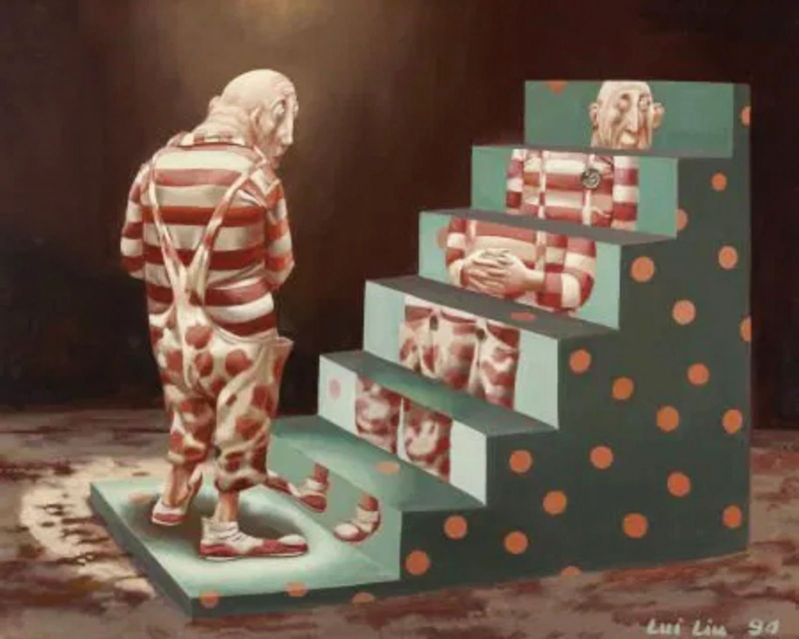 1994 LUI LIU 劉溢 FRAMED OIL PAINTING: ARTIST(s): LUI LIU 劉溢 (1957- )TITLE: PROGRESSION VS PROCESSIONoil on canvas, framed22"H x 27-1/2"W (55.9 x 69.9 cm) Signed/Seal(s): Lui LiuDated 1994