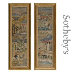 PAIR OF 19TH C QING PAINTED TEXTILE RELIEF FIGURAL PANEL