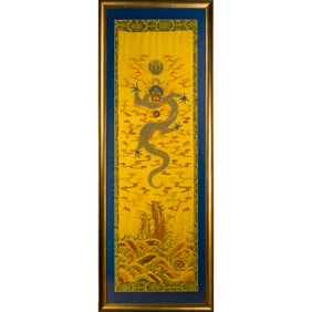 19TH C FRAMED QING BLUE DRAGON SILK KESI