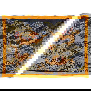 ANTIQUE CHINESE METTALIC EMBROIDERED SILK PANEL: Dimensons: Height: in x Width: 43.125in x Depth: 61.25in Qing Dynasty, silk panel, Richly embroidered with metalic golden Thread, decorated with Double Dragons over Li-Shui Ocean formed surounding bor