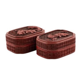 PAIR OF CARVED CINNABAR LACQUER QUATREFOIL BOXES
