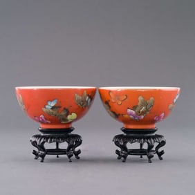 PAIR BUTTERFLIES RUBY RED BOWLS ON STANDS