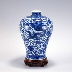 QING BLUE & WHITE MEIPING JAR ON STAND