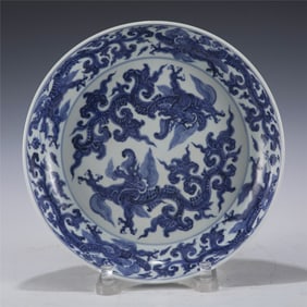 MING BLUE AND WHITE DRAGON PLATE