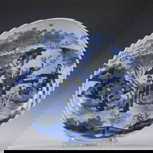 QING BLUE AND WHITE DISH PLATE: Dimensions: Length: 37.3 cm, Width: 37.3 cm, Height: 6.8 cm Chinese Qing Dynasty Kangxi Blue and White Porcelain Dish Plate. The plate has a broad wide central interior, rounded mouth lip, thick and l