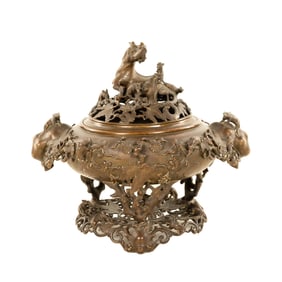 MASSIVE CHINESE BRONZE QILIN LIDDED TRIPOD CENSER