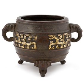 ARCHAIC DRAGON GILT BRONZE GUI TRIPOD CENSER