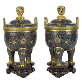 PAIR OF GILT BRONZE CLOISONNE TRIPOD CENSERS ON STAND