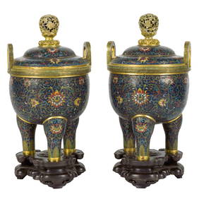 PAIR OF GILT BRONZE CLOISONNE TRIPOD CENSERS ON STAND (1 of 6)