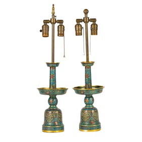 PAIR OF QING GILT BRONZE CLOISONNE ENAMEL LAMPS