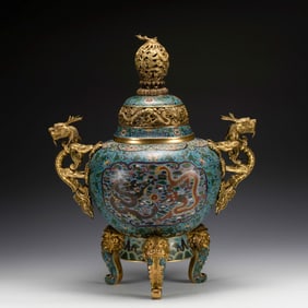 QING DRAGON EARS GILT BRONZE CLOISONNE TRIPOD INCENSE BURNER