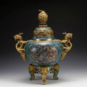 QING DRAGON EARS GILT BRONZE CLOISONNE TRIPOD INCENSE BURNER (1 of 9)