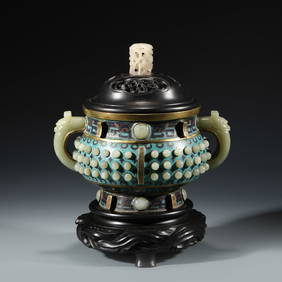 QING CLOISONNE & JADE INLAID INCENSE BURNER ON STAND (1 of 9)