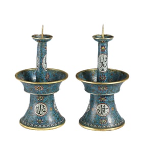 PAIR QIANLONG GILT BRONZE CLOISONNE CANDLE STANDS