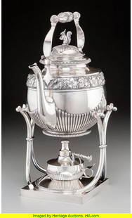 A KOCH & BERGFELD SILVER HOT WATER KETTLE ON STA: A Koch & Bergfeld Silver Hot Water Kettle on Stand with Squirrel Finial, Bremen, Germany, circa 1900. Marks: (crescent), (crown), 800, (table). 15-1/2 inches high (39.4 cm) (overall). 63.44 troy ounce