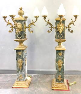 PAIR OF VINTAGE AND LARGE MARBLE AND: Bronze Torchieres. From a Mamaroneck, NY estate. - Dimensions: 34" w x 7" h.Conditiongood,1 shade missing.