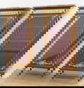 PAIR LOUIS XVI STYLE MARBLE TOP VITRINES: Contemporary. Approx. 54" H x 27" W x 16" D.