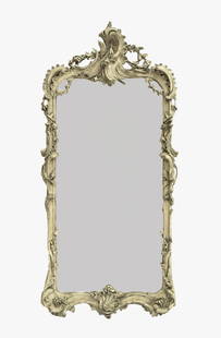 CONTINENTAL ROCOCO PAINT-DECORATED PIER MIRROR: Continental Rococo Paint-Decorated Pier Mirror third quarter 18th century, the carved frame decorated with rocaille ornament and pierced leaves, the volute-carved crest decorated with a metal sheaf