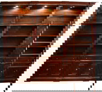 GRAND SCALE TUSCAN STYLE MAHOGANY LIBRARY CABINET: Grand scale Tuscan style mahogany library wall book case cabinet Dimension: 103-1/4"H x 119"L x 20-3/4"D