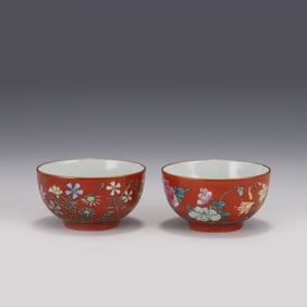 PAIR OF QING FLORAL ON RUBY RED BOWLS, JIAQING MARK