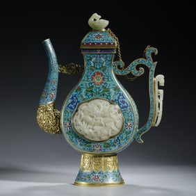 EXQUISITE CLOISONNE AND JADE - CARVING WINE POT
