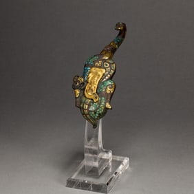 BRONZE BELT HOOK INLAID WITH GOLD, SILVER AND TURQUOISE