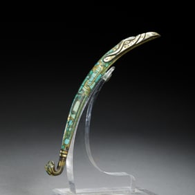BRONZE BELT HOOK INLAID WITH GOLD, SILVER AND TURQUOISE