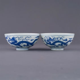 QIANLONG BLUE AND WHITE DRAGON PORCELAIN BOWLS