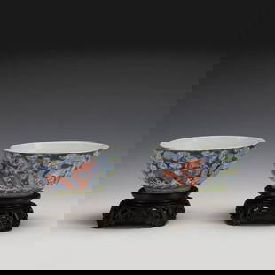 PAIR QING FAMILLE ROSE DRAGON BOWLS ON STANDS: Measurements: Width: 11.8 cm, Height: 5.8 cm Pair of Chinese Famille Rose Dragon Porcelain Bowls On Carved Hardwood Stands. The porcelain potted in a shallow, slight deep, round close mouth rim,