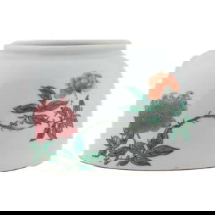 QING FAMILLE ROSE BRUSH WASHER: Measurements: Height: 3-1/4" Diameter: 4-1/2" Chinese Qing Dynasty famille rose porcelain brush washer. Potted in a compressed bulbous form, rounded shoulder terminating the short prominent neck