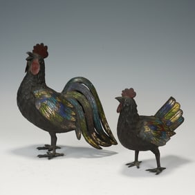 METAL ROOSTER AND HEN ORNAMENTS