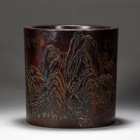 HARDWOOD BRUSH POT WITH LANDSCAPE ENGRAVINGS