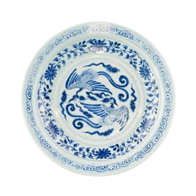 YUAN BLUE & WHITE PHOENIX PORCELAIN CHARGER