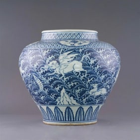 MING ZHENGDE BLUE & WHITE SEA BEAST MOTIF JAR