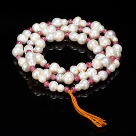 PEARL AND PINK GEMSTONE PRAYER BEAD STRING