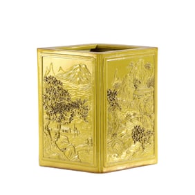 QING WANG BING RONG YELLOW-GLAZED PORCELAIN BRUSH HOLDER