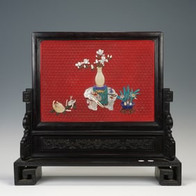 RED - LACQUERED SANDALWOOD INLAID HUNDRED TREASURES TABLE SCREEN