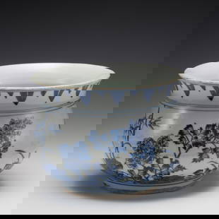 QING KANGXI BLUE & WHITE INCENSE BURNER: Dimensions: Width: 21.3 cm x Heigth: 16 cm Chinese Qing Dynasty KangXi Blue and White Porcelain Incense Burner. Potted in shallow vessel form, heavy and deep, short neck, thick wide flaring round open