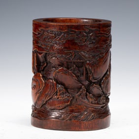 BAMBOO BRUSH POT WITH LANDSCAPE AND FIGURE CARVINGS