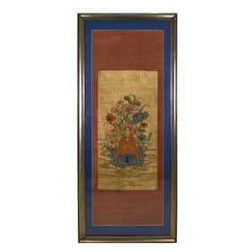 18TH C FRAMED KESI THANGKA OF SEATED BUDDHA